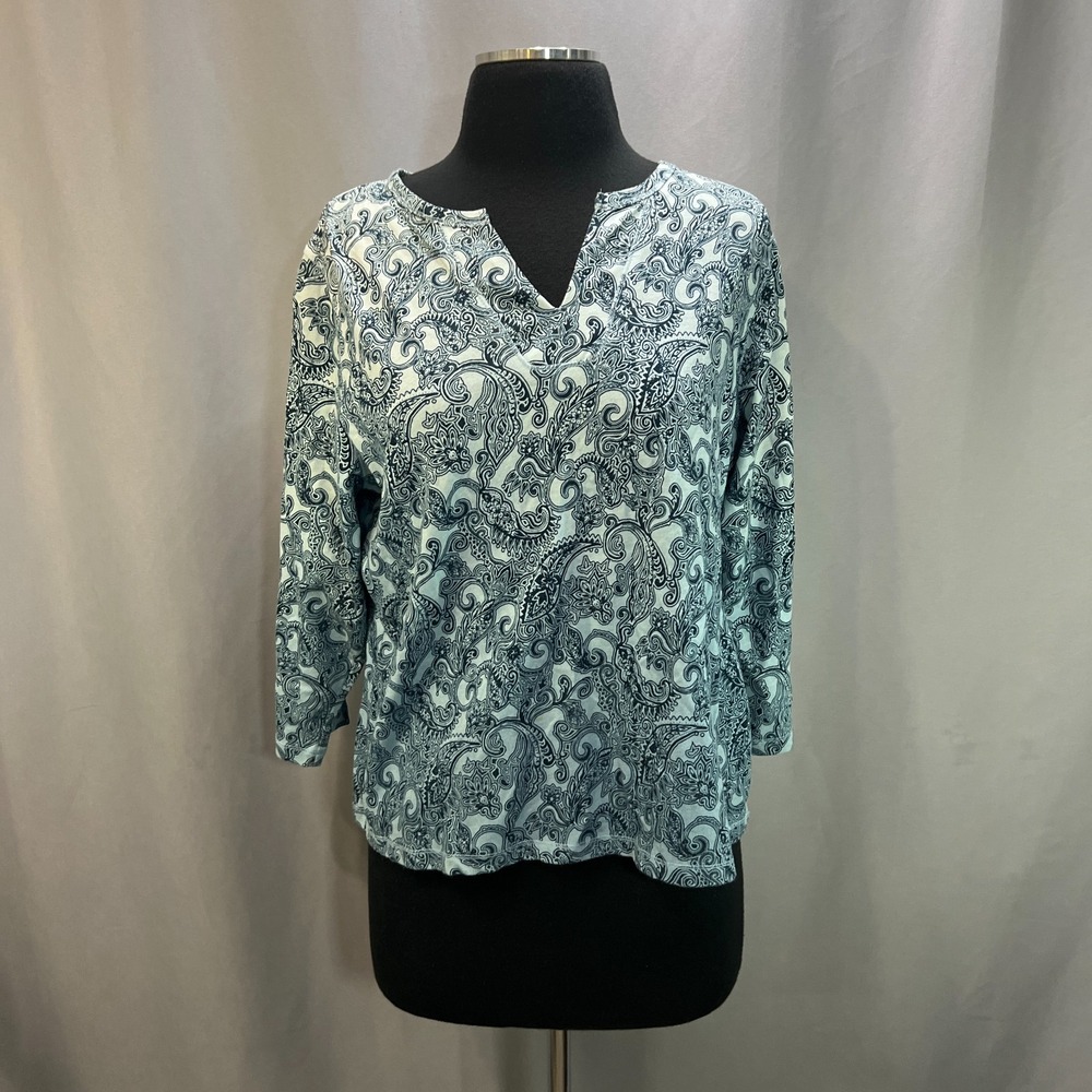Allison Daley Blouse Top Womens Petite M Aqua Black Paisley Cotton Split V-Neck